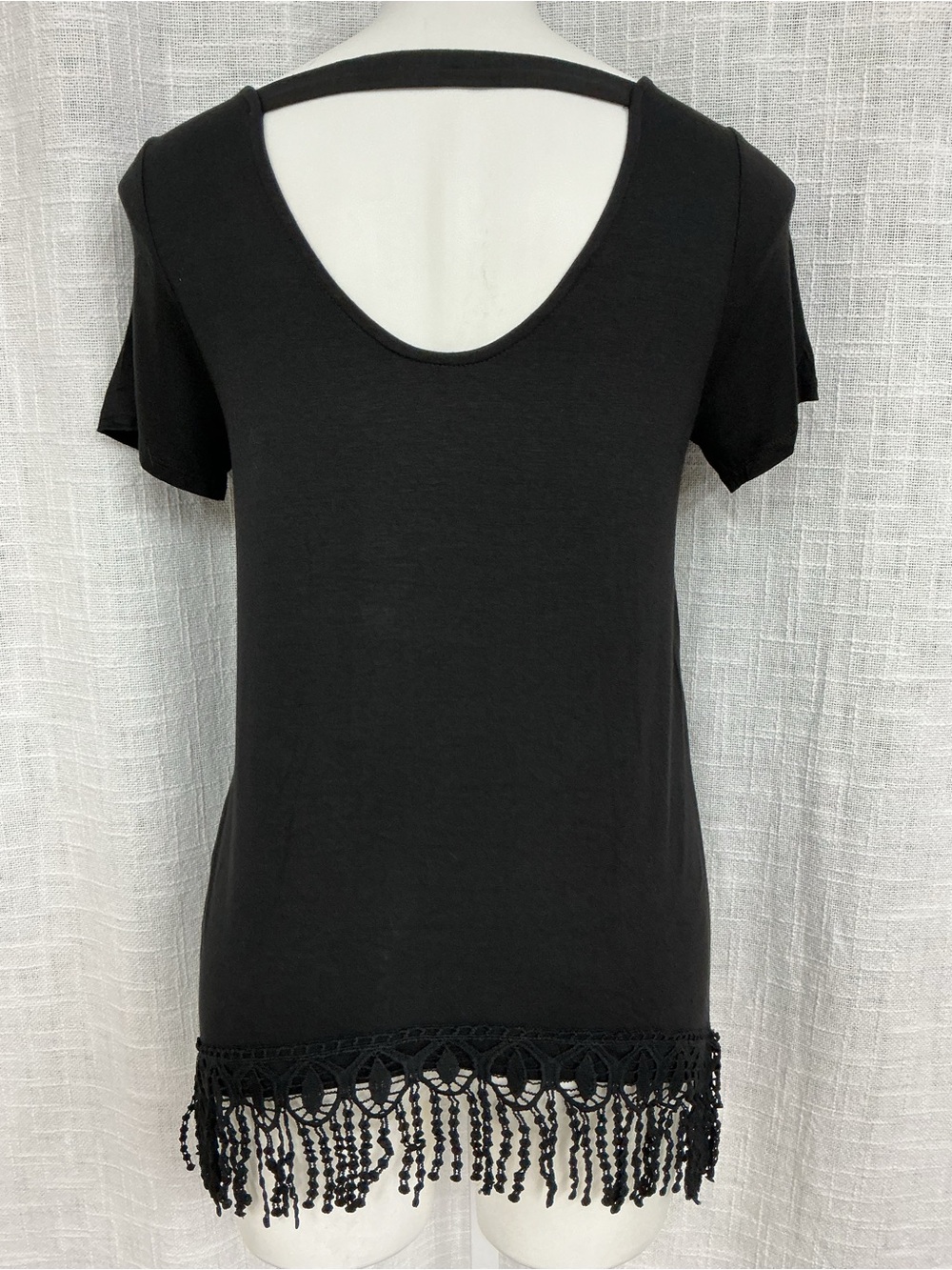 Black Fringe Hem Short Sleeve Women's Top - Picture 6 of 8
